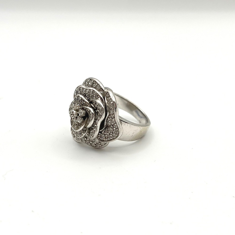 JSWJ 925 Sterling‎ Silver Cubic Zirconia Rose Flower Cocktail Ring Size 6 FLAWED